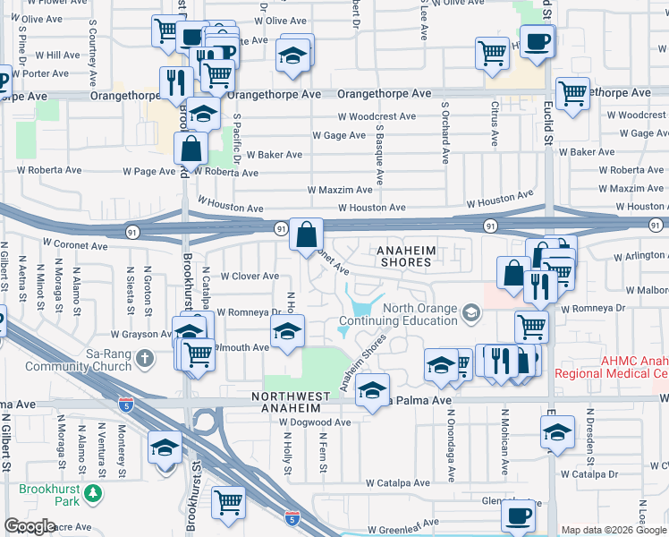 map of restaurants, bars, coffee shops, grocery stores, and more near 2012 West Binnacle Way in Anaheim