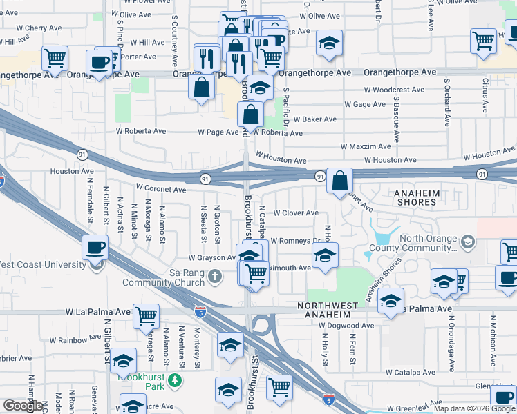 map of restaurants, bars, coffee shops, grocery stores, and more near 1243 North Catalpa Avenue in Anaheim