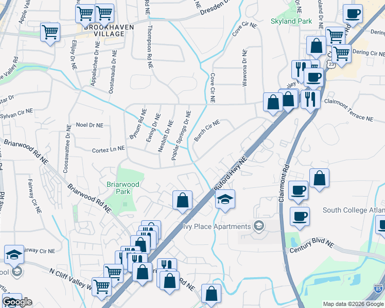 map of restaurants, bars, coffee shops, grocery stores, and more near 2262 Burch Circle Northeast in Atlanta