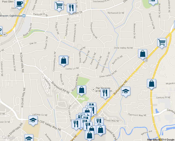 map of restaurants, bars, coffee shops, grocery stores, and more near 1507 Cortez Lane Northeast in Atlanta