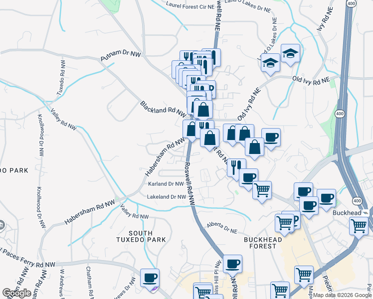 map of restaurants, bars, coffee shops, grocery stores, and more near 3562 Roswell Road Northwest in Atlanta
