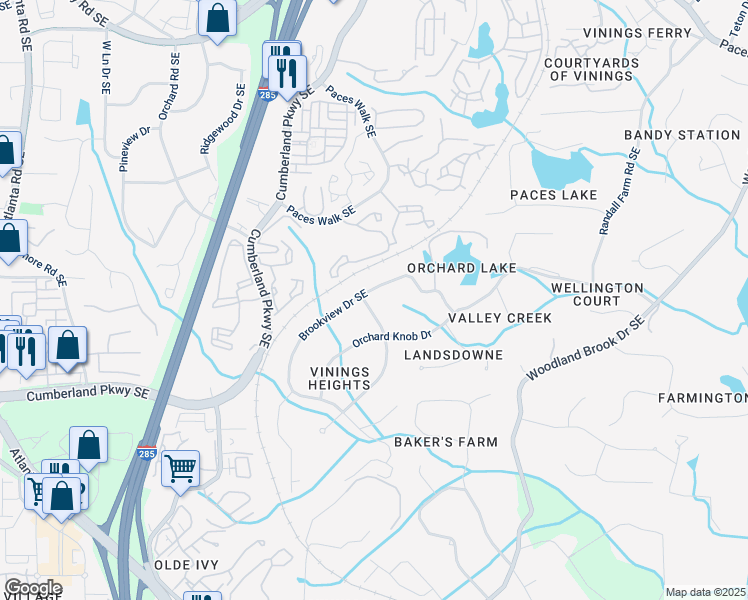 map of restaurants, bars, coffee shops, grocery stores, and more near 4175 Valley Trail Drive Southeast in Atlanta