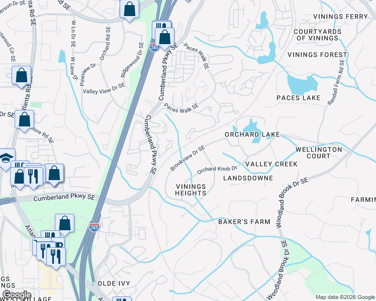 map of restaurants, bars, coffee shops, grocery stores, and more near 4170 Brookview Drive Southeast in Atlanta