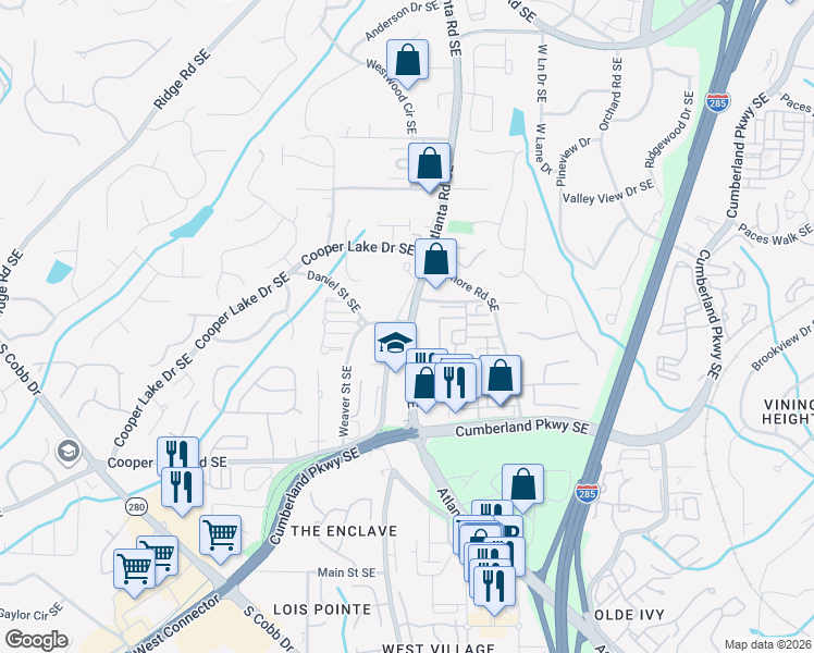 map of restaurants, bars, coffee shops, grocery stores, and more near 2768 Log Cabin Drive Southeast in Atlanta