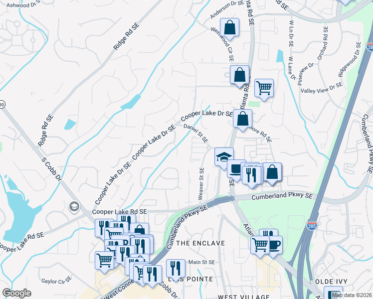 map of restaurants, bars, coffee shops, grocery stores, and more near 4138 Onslow Place Southeast in Smyrna