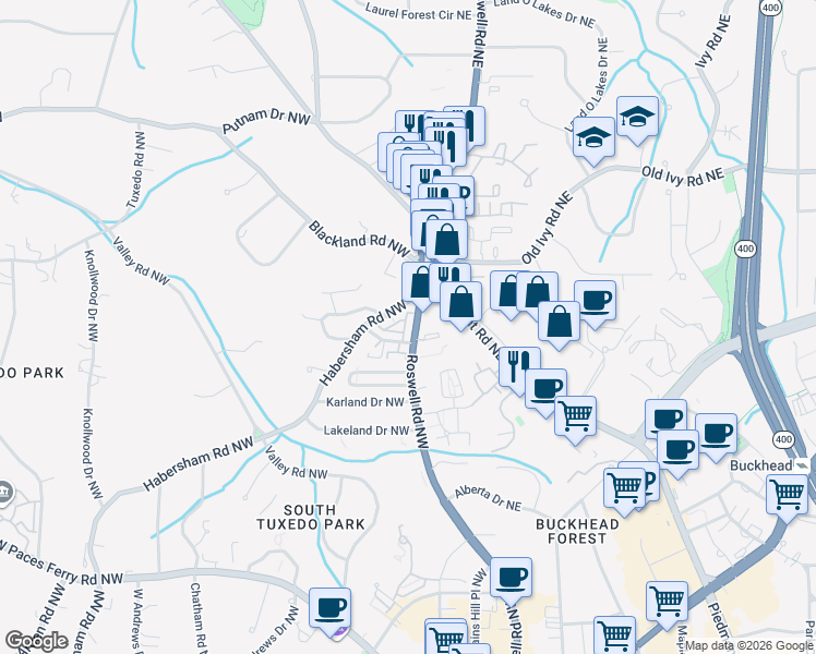 map of restaurants, bars, coffee shops, grocery stores, and more near 3562 Roswell Road Northwest in Atlanta