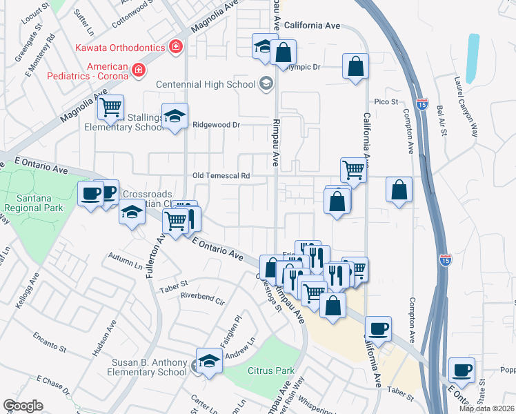 map of restaurants, bars, coffee shops, grocery stores, and more near 2149 Brighton Circle in Corona