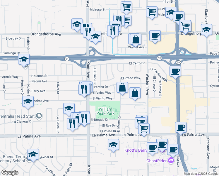 map of restaurants, bars, coffee shops, grocery stores, and more near 7182 El Verano Drive in Buena Park