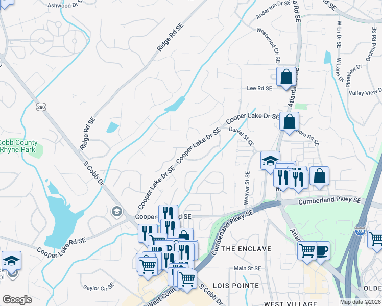 map of restaurants, bars, coffee shops, grocery stores, and more near 1893 Cooper Landing Drive Southeast in Smyrna