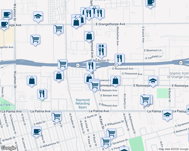 map of restaurants, bars, coffee shops, grocery stores, and more near 1316 North East Street in Anaheim