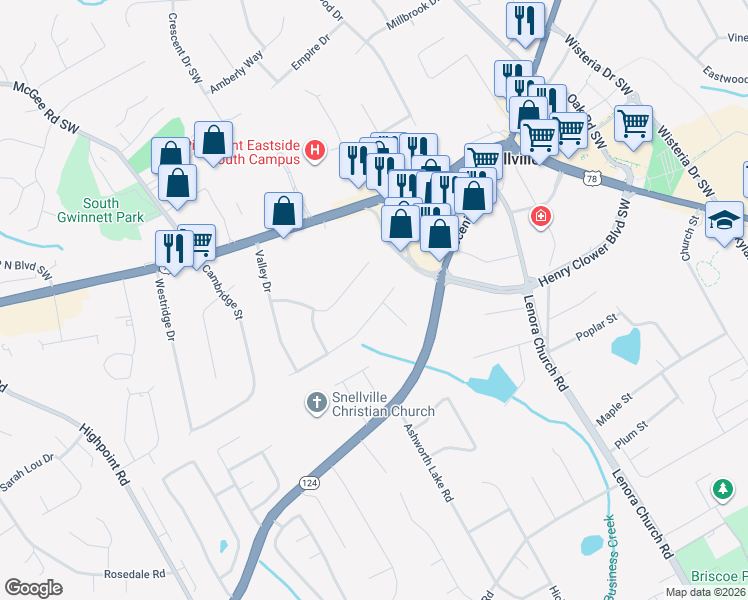 map of restaurants, bars, coffee shops, grocery stores, and more near 2739 Lanier Drive in Snellville