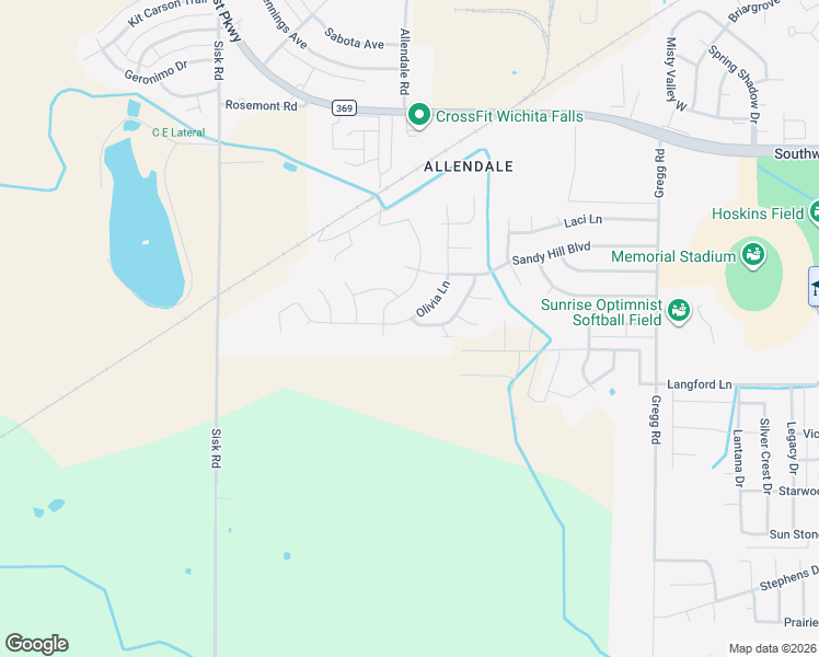 map of restaurants, bars, coffee shops, grocery stores, and more near 4925 Olivia Lane in Wichita Falls