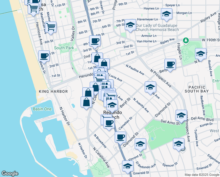 map of restaurants, bars, coffee shops, grocery stores, and more near 808 North Irena Avenue in Redondo Beach