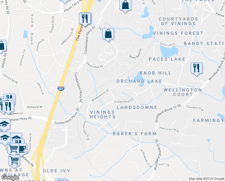 map of restaurants, bars, coffee shops, grocery stores, and more near 4175 Valley Trail Drive Southeast in Atlanta