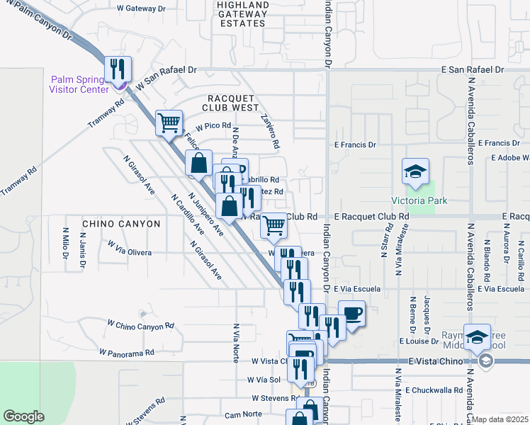 map of restaurants, bars, coffee shops, grocery stores, and more near 344 West Racquet Club Road in Palm Springs