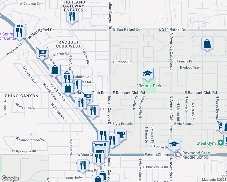 map of restaurants, bars, coffee shops, grocery stores, and more near 200 East Racquet Club Road in Palm Springs