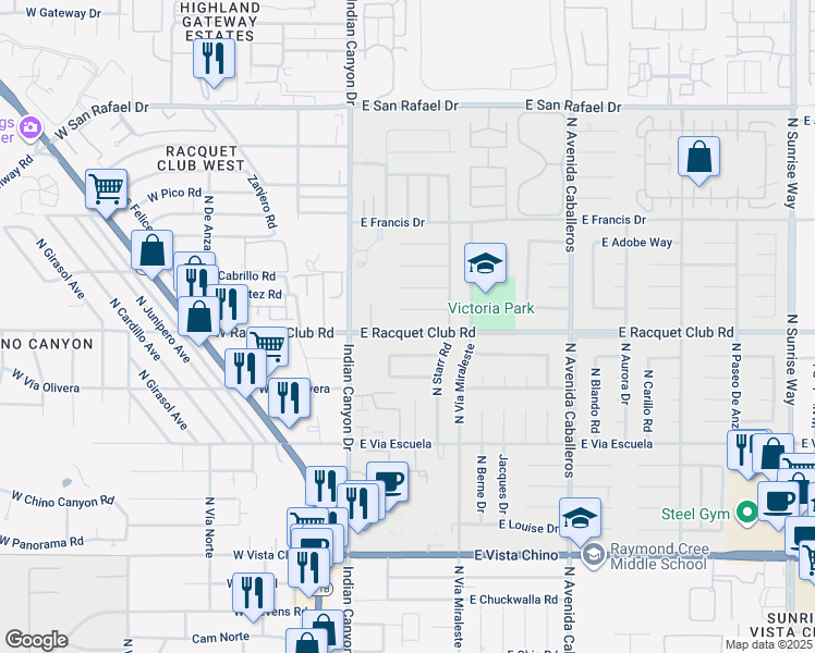 map of restaurants, bars, coffee shops, grocery stores, and more near 412 East Racquet Club Road in Palm Springs