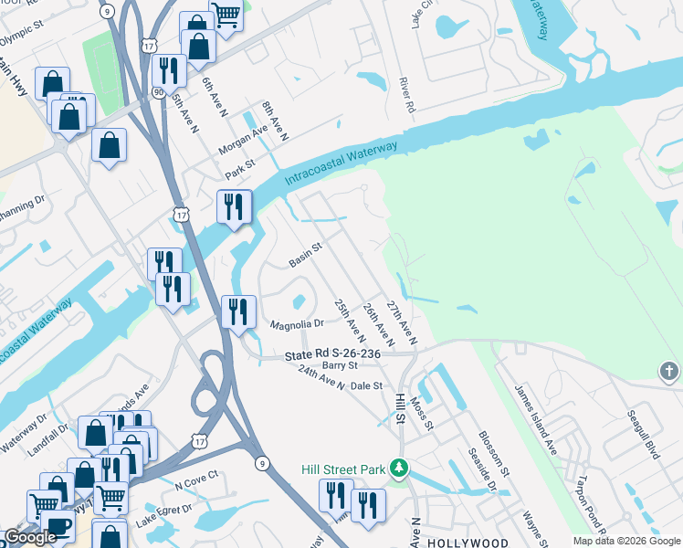 map of restaurants, bars, coffee shops, grocery stores, and more near 1612 25th Avenue North in North Myrtle Beach