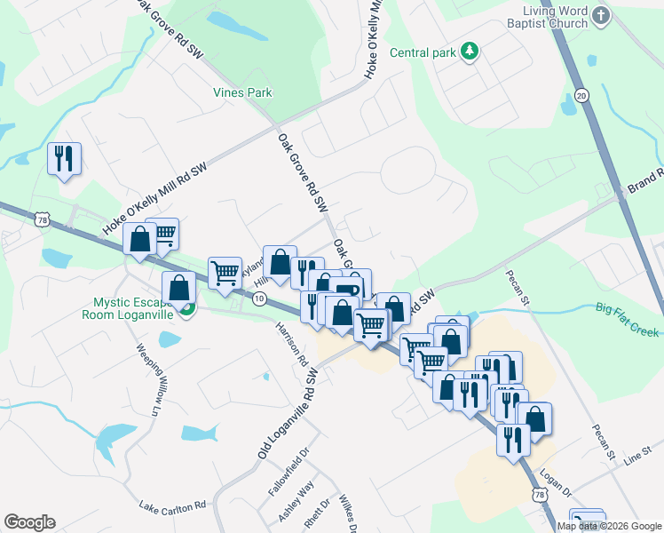 map of restaurants, bars, coffee shops, grocery stores, and more near 3777-3817 Oak Grove Road Southwest in Loganville
