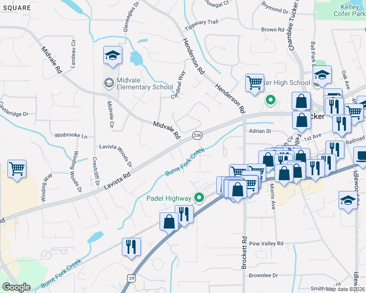 map of restaurants, bars, coffee shops, grocery stores, and more near 2297 Hylaea Road in Tucker