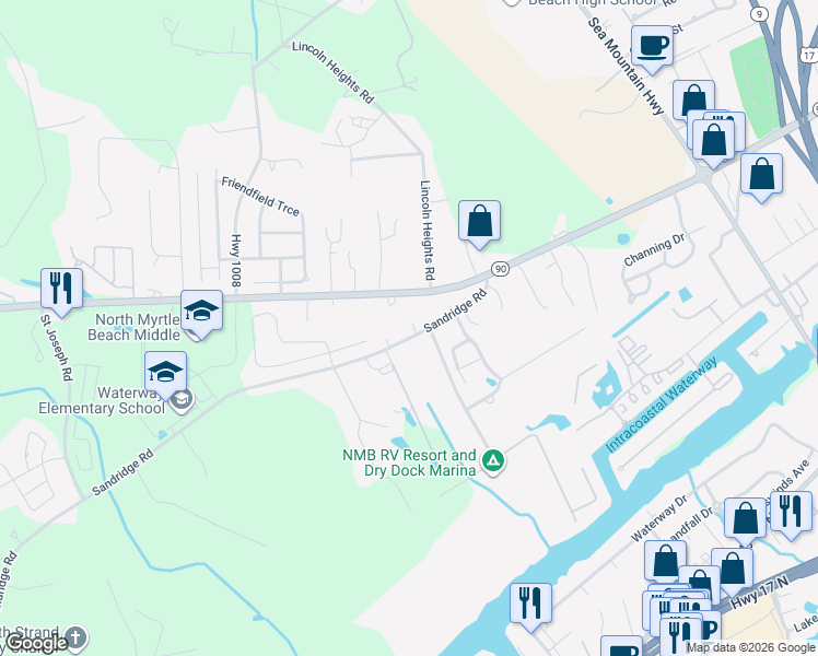 map of restaurants, bars, coffee shops, grocery stores, and more near 416 Sandridge Road in Little River