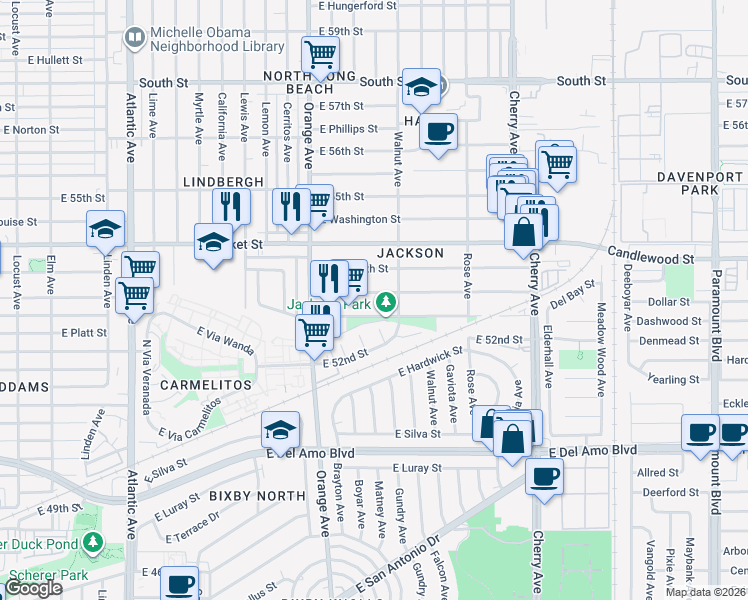 map of restaurants, bars, coffee shops, grocery stores, and more near 1436 East 53rd Street in Long Beach