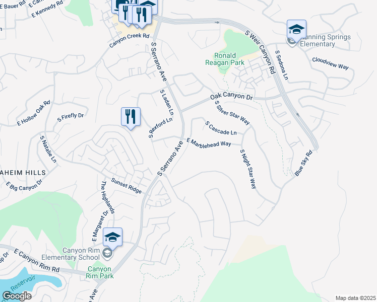 map of restaurants, bars, coffee shops, grocery stores, and more near 1024 South Hanlon Way in Anaheim