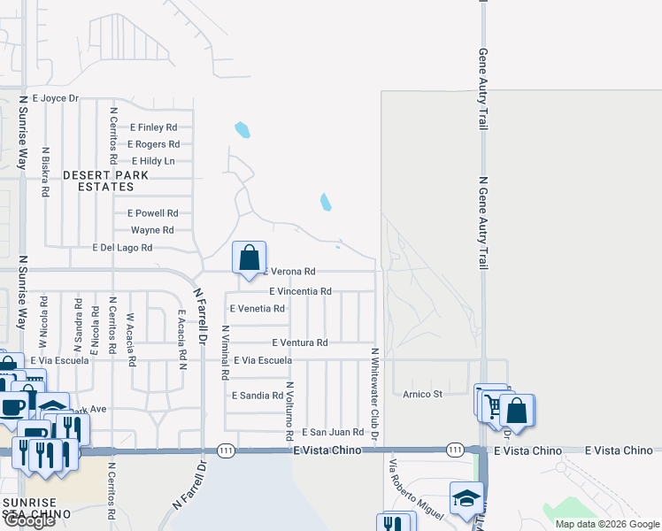 map of restaurants, bars, coffee shops, grocery stores, and more near 3101 East Verona Road in Palm Springs