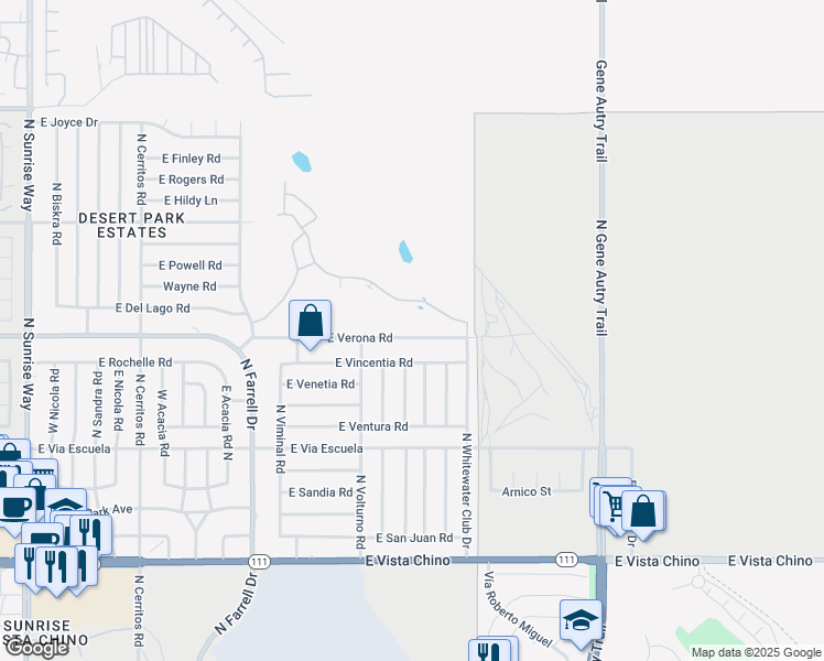 map of restaurants, bars, coffee shops, grocery stores, and more near 3060 East Verona Road in Palm Springs