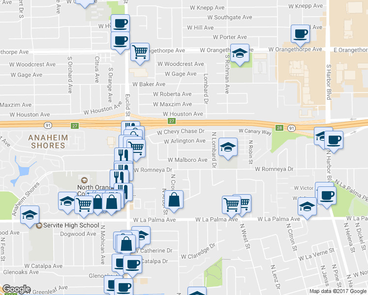 map of restaurants, bars, coffee shops, grocery stores, and more near 1323 West Brewster Avenue in Anaheim