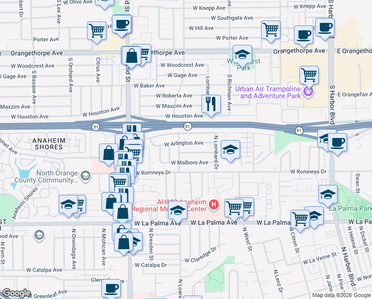 map of restaurants, bars, coffee shops, grocery stores, and more near 1323 West Brewster Avenue in Anaheim