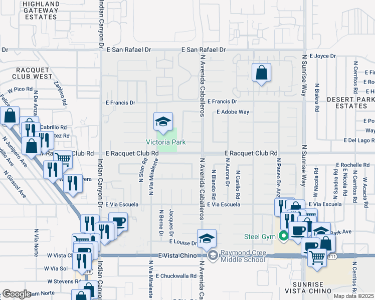 map of restaurants, bars, coffee shops, grocery stores, and more near 844 East Racquet Club Road in Palm Springs