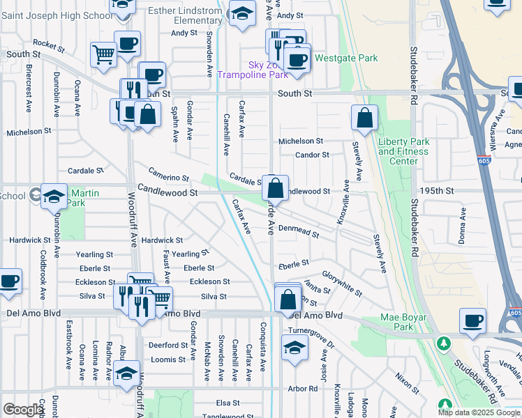 map of restaurants, bars, coffee shops, grocery stores, and more near 6356 Dashwood Street in Lakewood