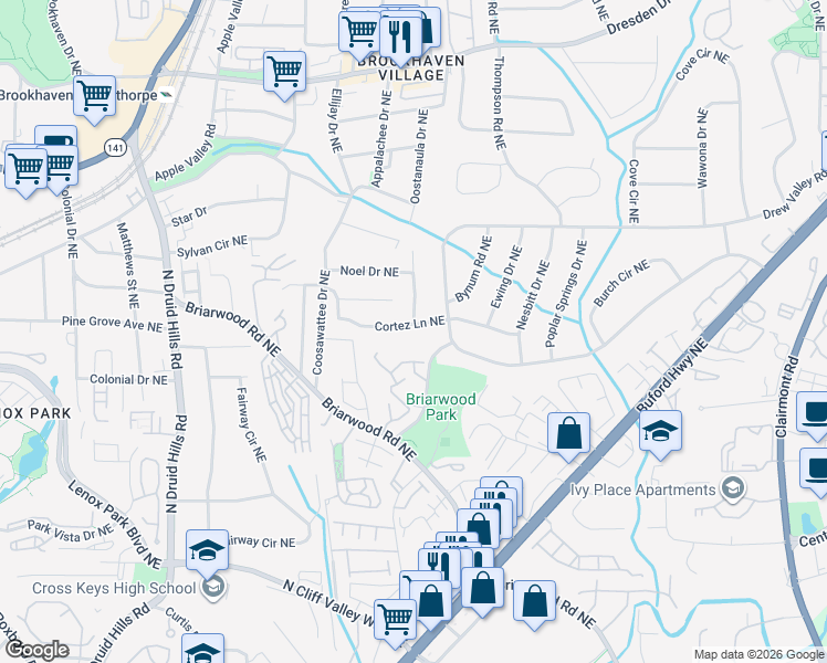 map of restaurants, bars, coffee shops, grocery stores, and more near 1447 Cortez Lane Northeast in Atlanta