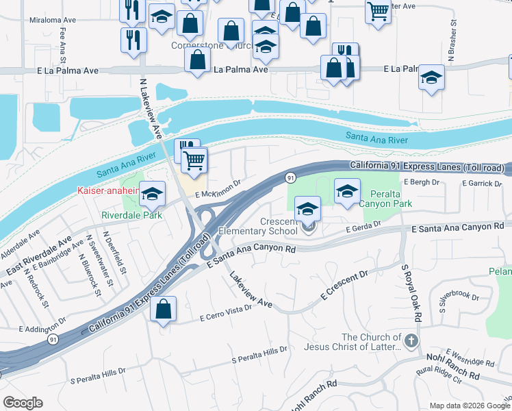 map of restaurants, bars, coffee shops, grocery stores, and more near 4853 East Wasatch Drive in Anaheim