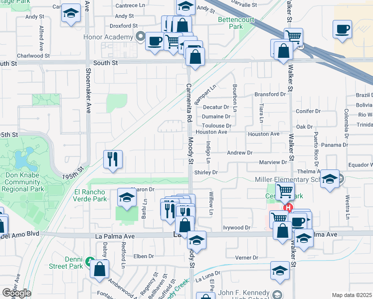 map of restaurants, bars, coffee shops, grocery stores, and more near 7582 Silverado Lane in La Palma