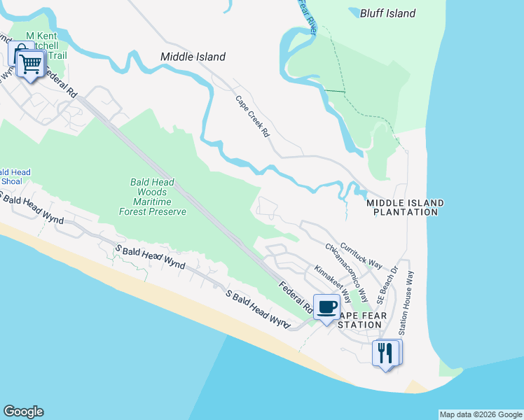 map of restaurants, bars, coffee shops, grocery stores, and more near Keypost Court in Bald Head Island