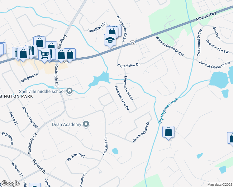 map of restaurants, bars, coffee shops, grocery stores, and more near 1824 Emerson Lake Circle in Snellville