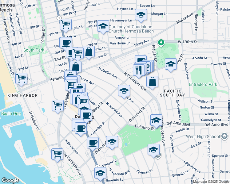 map of restaurants, bars, coffee shops, grocery stores, and more near 920 Beryl Street in Redondo Beach