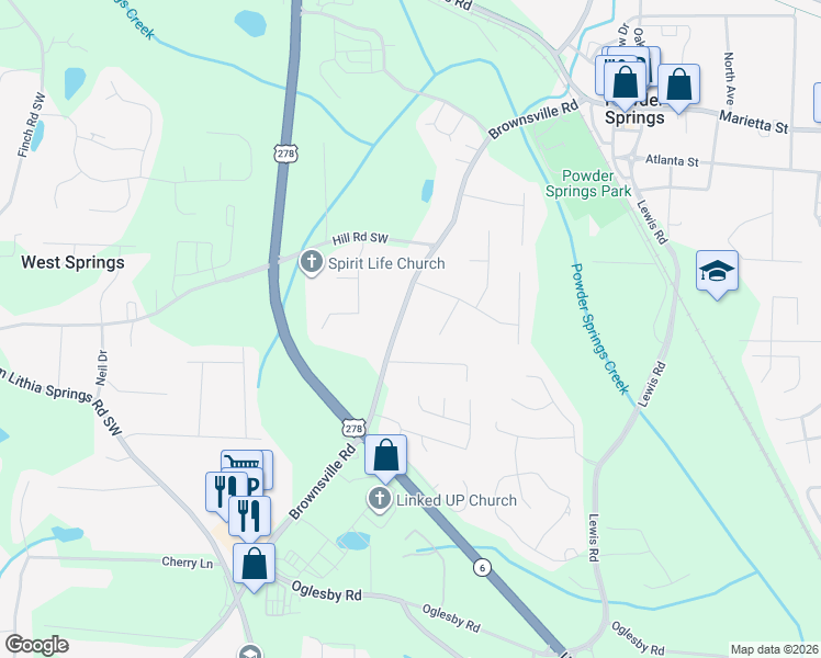 map of restaurants, bars, coffee shops, grocery stores, and more near 4217 Brownsville Road in Powder Springs