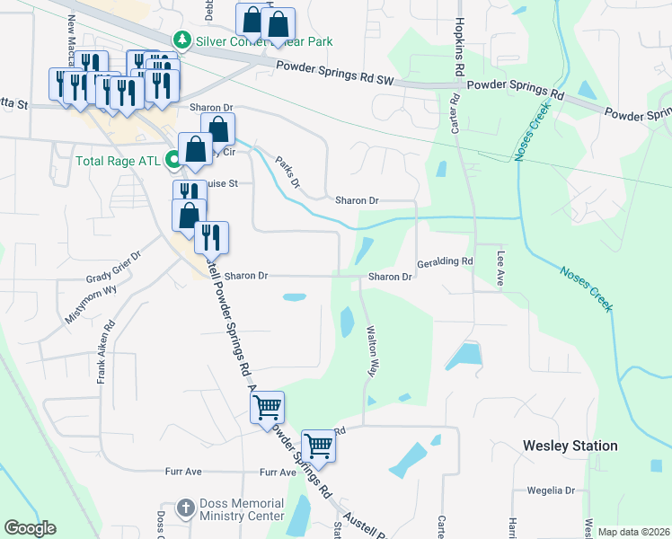 map of restaurants, bars, coffee shops, grocery stores, and more near 3607 Lindley Circle in Powder Springs