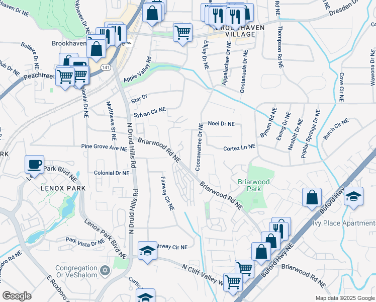 map of restaurants, bars, coffee shops, grocery stores, and more near 2298 Briarwood Hills Drive Northeast in Atlanta
