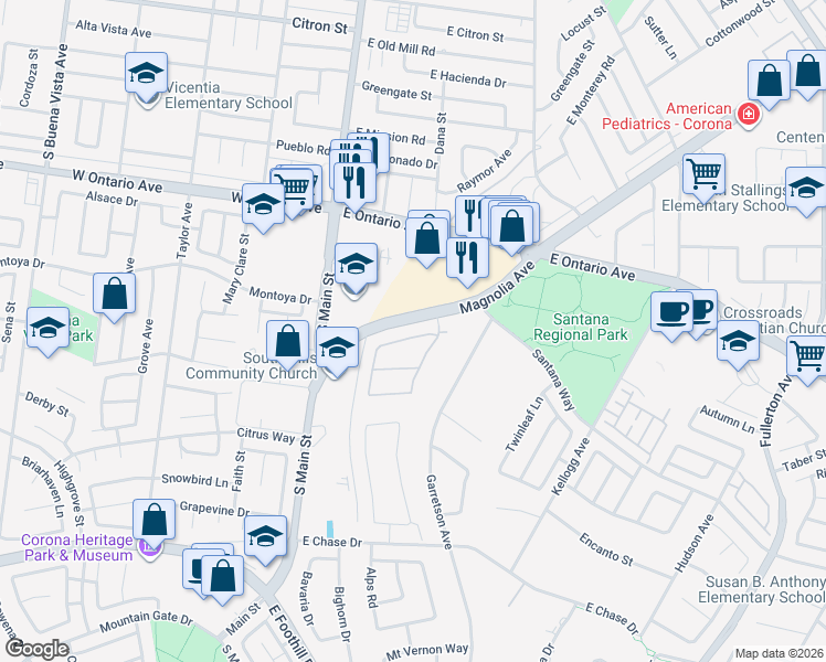map of restaurants, bars, coffee shops, grocery stores, and more near 311 Villafranca Street in Corona