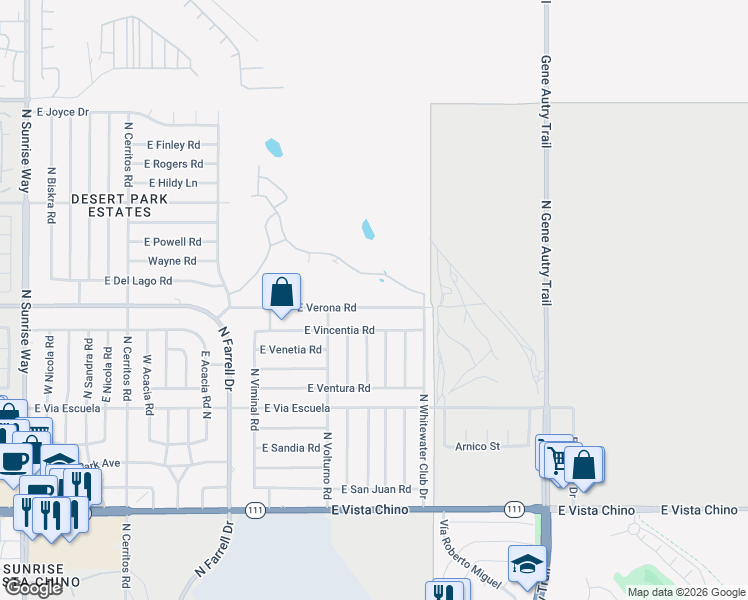 map of restaurants, bars, coffee shops, grocery stores, and more near 3101 East Verona Road in Palm Springs