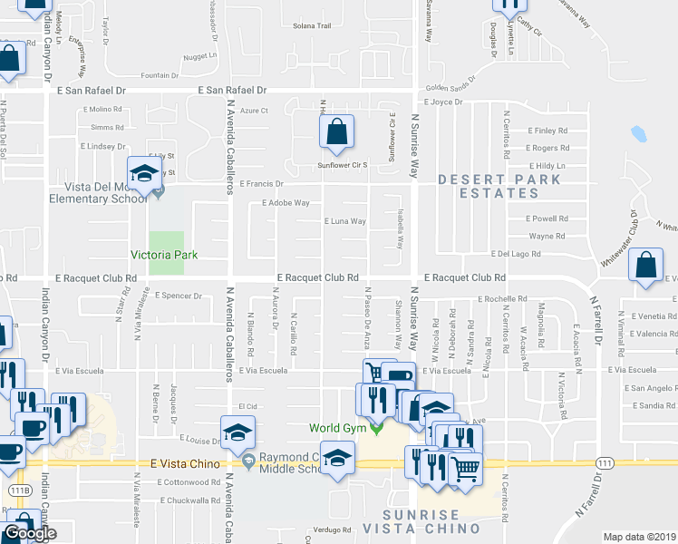 map of restaurants, bars, coffee shops, grocery stores, and more near 1411 East Racquet Club Road in Palm Springs