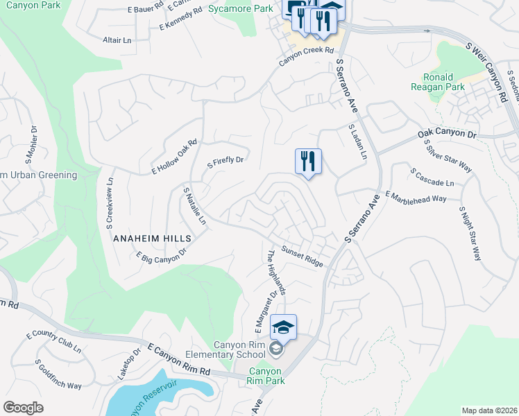 map of restaurants, bars, coffee shops, grocery stores, and more near 7741 East Portofino Avenue in Anaheim
