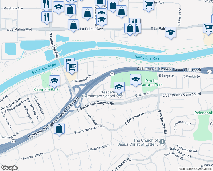 map of restaurants, bars, coffee shops, grocery stores, and more near 4913 Florence Circle in Anaheim