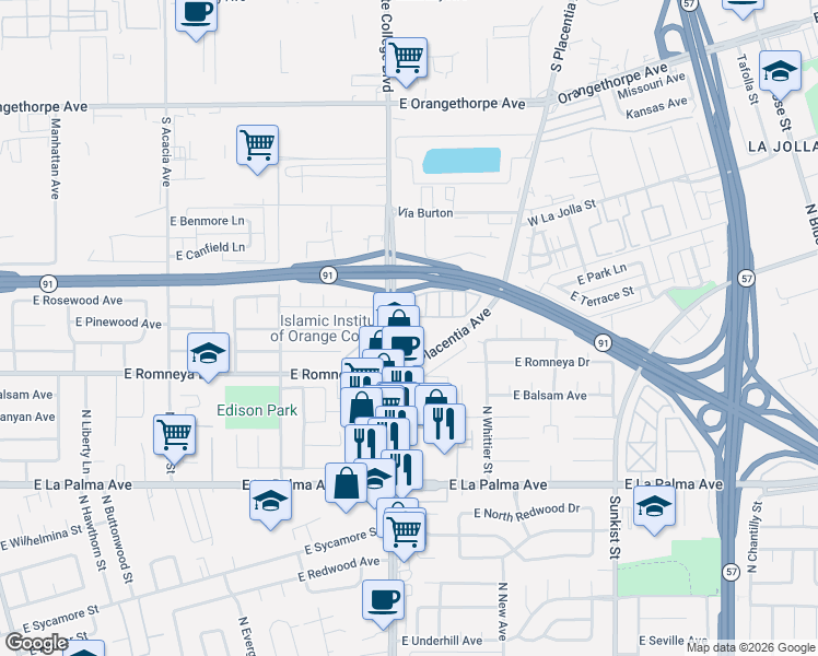 map of restaurants, bars, coffee shops, grocery stores, and more near 1251 North Placentia Avenue in Anaheim