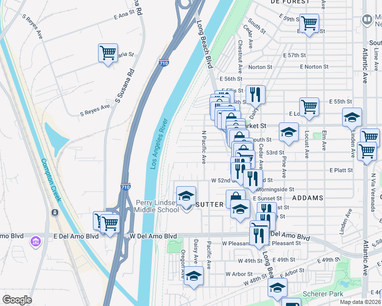 map of restaurants, bars, coffee shops, grocery stores, and more near 135 West Mountain View Street in Long Beach