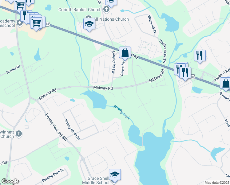 map of restaurants, bars, coffee shops, grocery stores, and more near 823 Langley View Court in Loganville